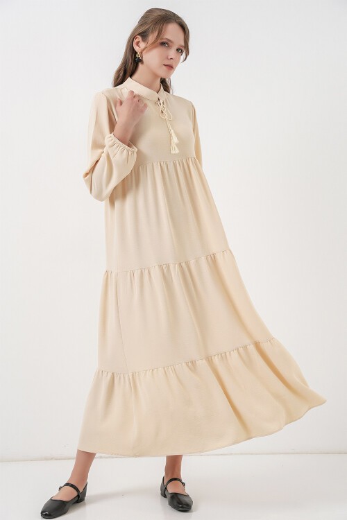 T1627 Yaka Bağcıklı Elbise - Krem