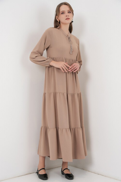 T1627 Yaka Bağcıklı Elbise - Y.Bej