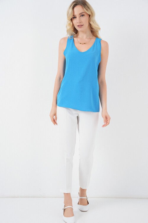 V Yaka Sıfır Kol Bluz 950 - B.Mavi