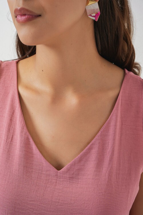 V Yaka Sıfır Kol Bluz 950 - Gül Kurusu