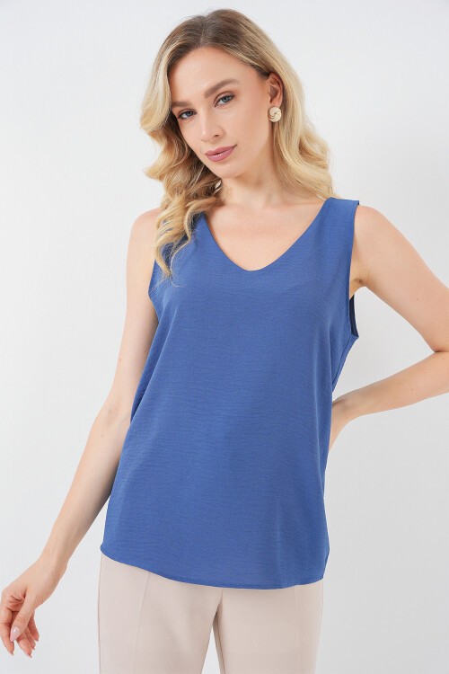 V Yaka Sıfır Kol Bluz 950 - İndigo