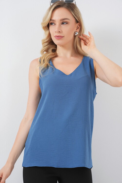V Yaka Sıfır Kol Bluz 950 - Koyu Mavi