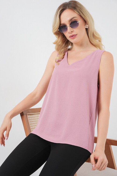 V Yaka Sıfır Kol Bluz 950 - Pembe