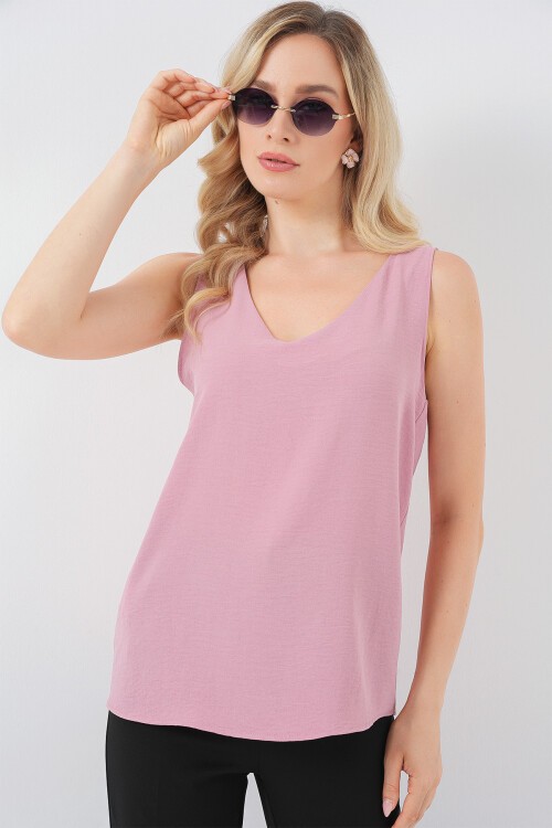 V Yaka Sıfır Kol Bluz 950 - Pembe