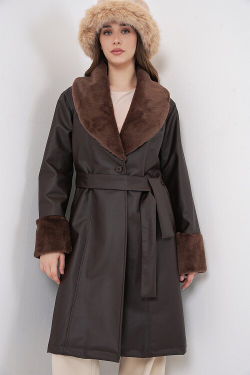 1045 Kürklü Suni Deri Kaban - Kahverengi