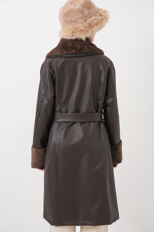 1045 Kürklü Suni Deri Kaban - Kahverengi