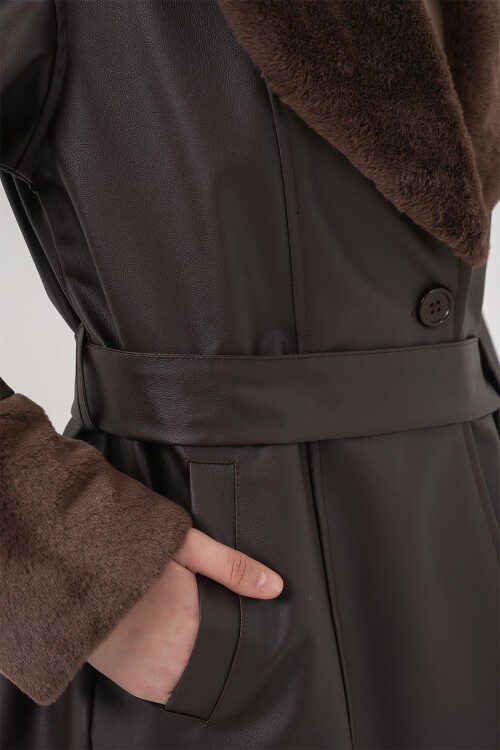 1045 Kürklü Suni Deri Kaban - Kahverengi