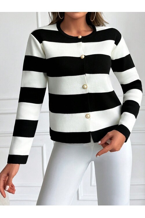 15843 Şeritli Kısa Hırka - Siyah