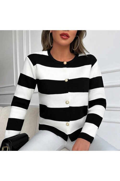 15843 Şeritli Kısa Hırka - Siyah