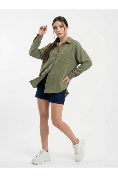 20153 Tek Cepli Oversize Keten Gömlek - A.Haki