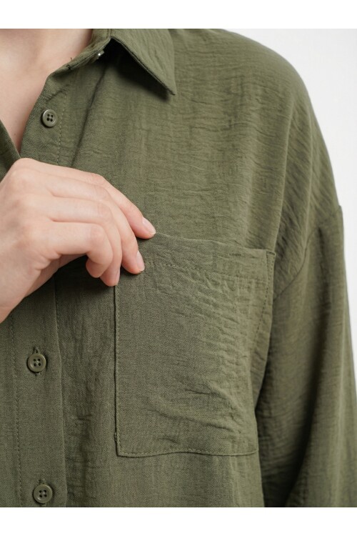 20153 Tek Cepli Oversize Keten Gömlek - A.Haki