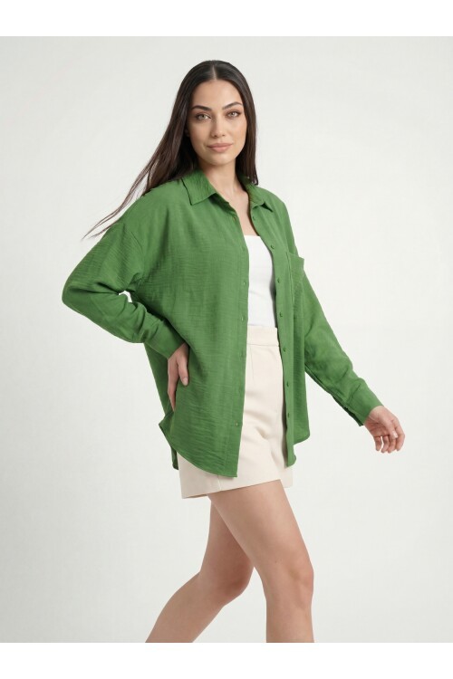 20153 Tek Cepli Oversize Keten Gömlek - G.Yeşil