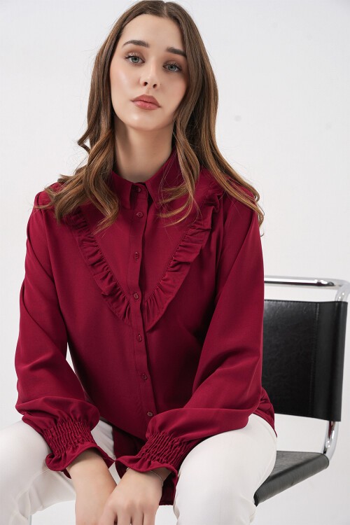 20223 Fırfırlı Uzun Kol Gömlek - Bordo