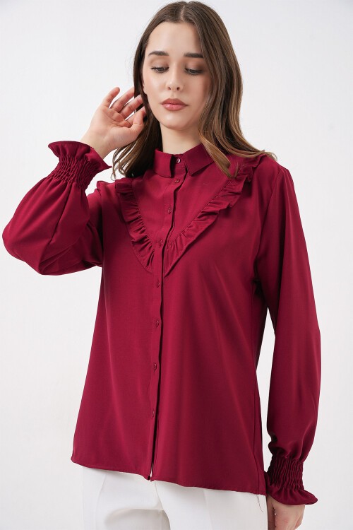 20223 Fırfırlı Uzun Kol Gömlek - Bordo