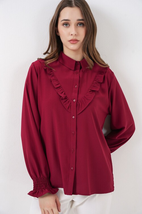 20223 Fırfırlı Uzun Kol Gömlek - Bordo
