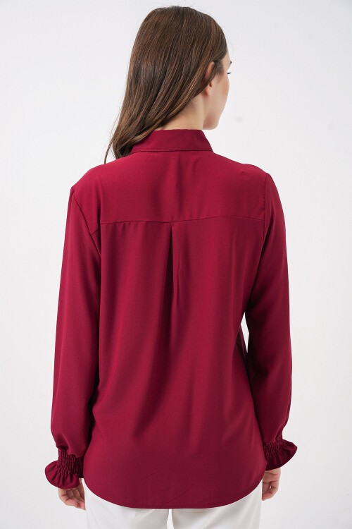 20223 Fırfırlı Uzun Kol Gömlek - Bordo