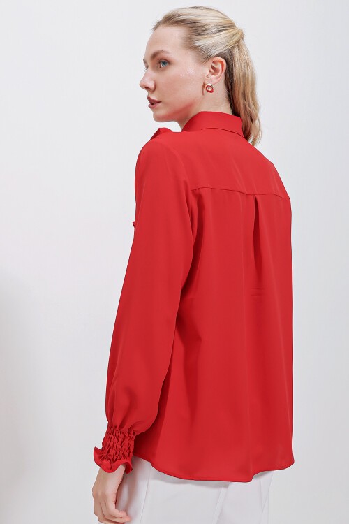 20223 Fırfırlı Uzun Kol Gömlek - Kırmızı