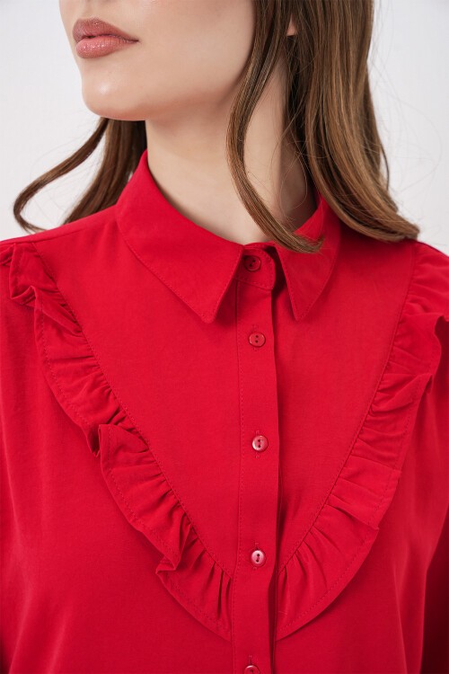 20223 Fırfırlı Uzun Kol Gömlek - Kırmızı