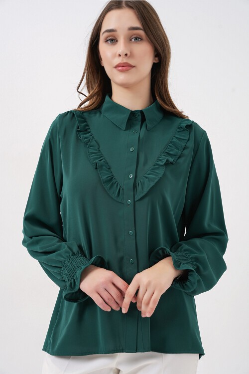 20223 Fırfırlı Uzun Kol Gömlek - Zümrüt Yeşili