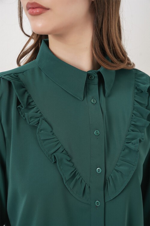 20223 Fırfırlı Uzun Kol Gömlek - Zümrüt Yeşili
