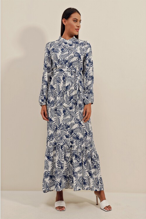 2158 Egzotik Desen Elbise - D.Lacivert