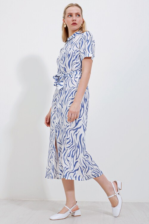 2213 Kısa Kol Viskon Elbise - Mavi