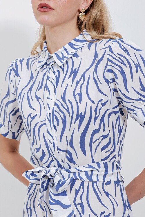 2213 Kısa Kol Viskon Elbise - Mavi