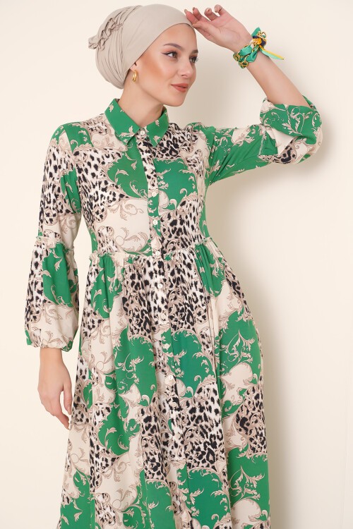 2295 Gömlek Yaka Tesettür Elbise - Yeşil