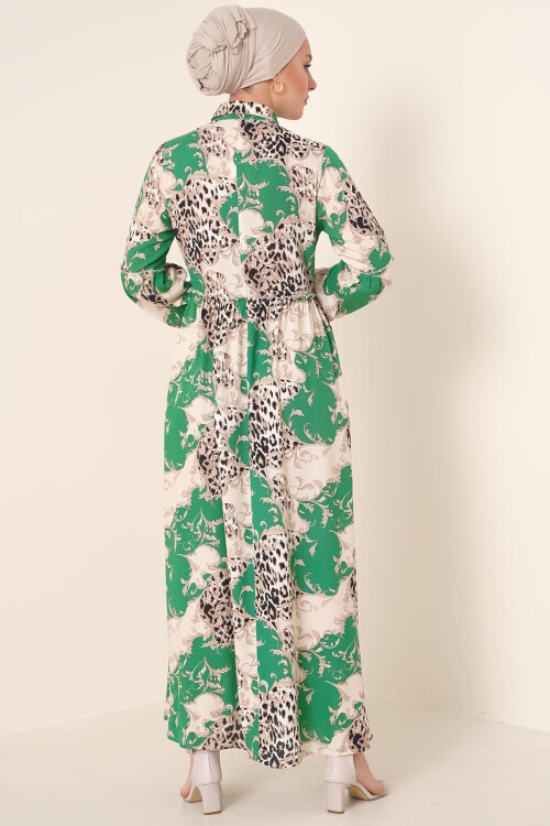 2295 Gömlek Yaka Tesettür Elbise - Yeşil