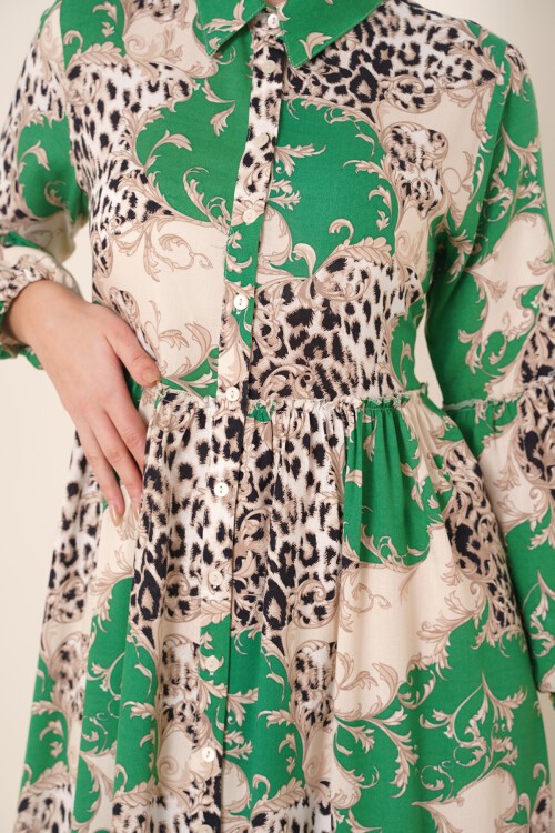 2295 Gömlek Yaka Tesettür Elbise - Yeşil