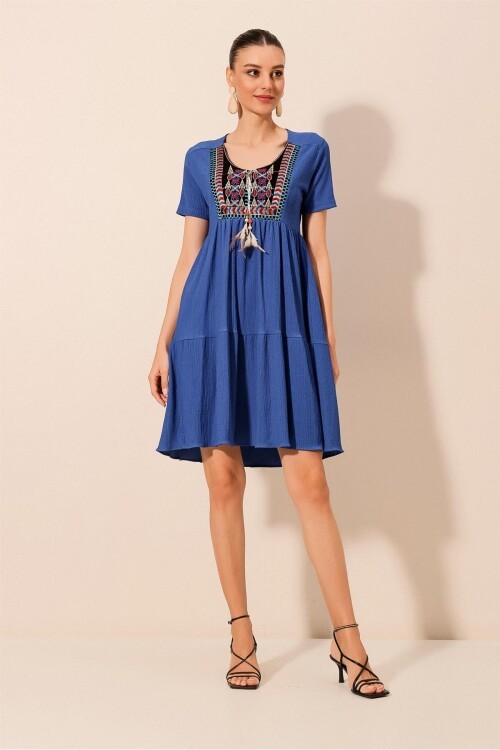 2429 Nakışlı Örme Elbise - Saks