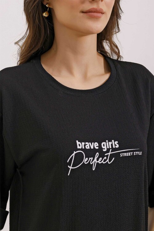 2452 Baskılı Oversize Örme Elbise - Siyah