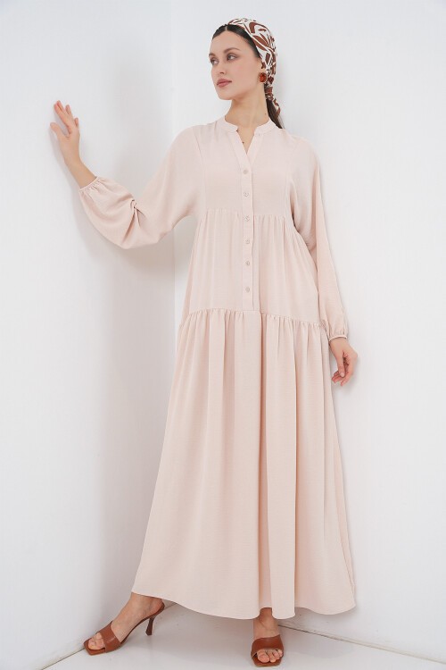 2527 Kadın Uzun Tesettür Elbise - Bej