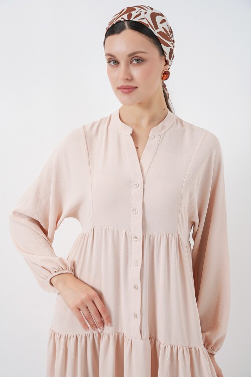 2527 Kadın Uzun Tesettür Elbise - Bej