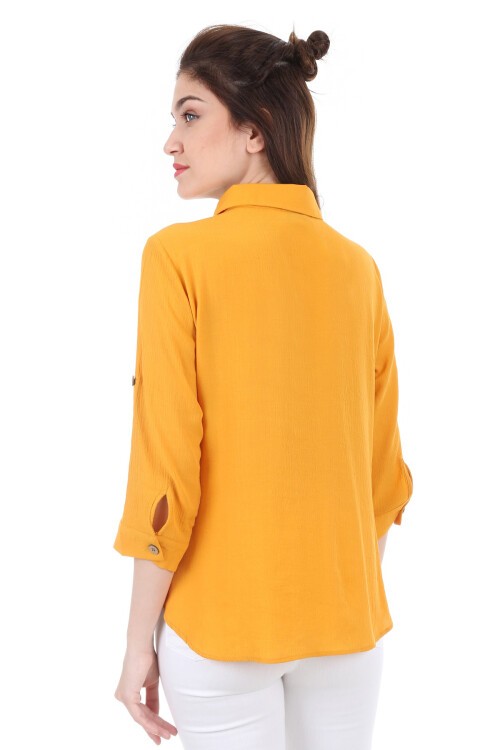 3658 GÖMLEK YAKA TAHTA DÜĞME BLUZ - Hardal