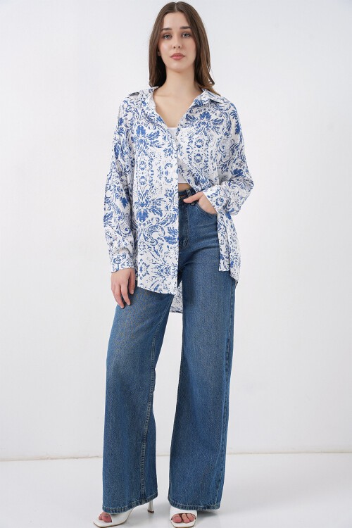 3721 Grafik Desenli Gömlek - Açık Mavi