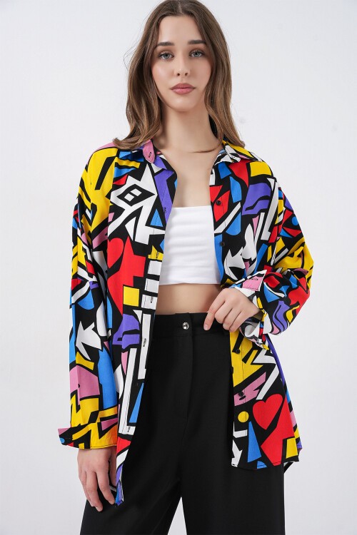 3721 Grafik Desenli Gömlek - Siyah