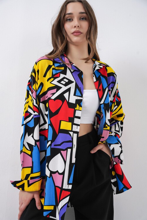 3721 Grafik Desenli Gömlek - Siyah