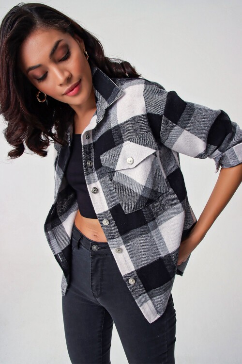 3854 Ekose Desen Çift Cepli Gömlek - Siyah