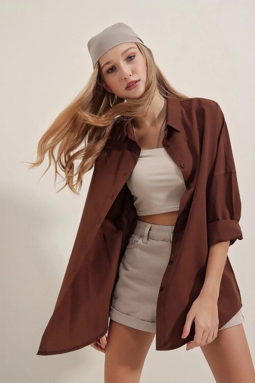 3900 Oversize Uzun Basic Gömlek İkili Paket - Beyaz Ve Kahve