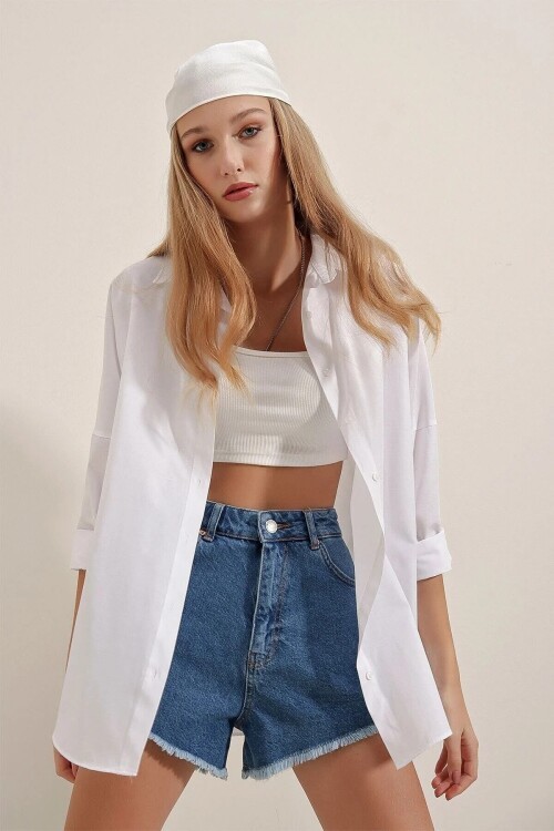 3900 Oversize Uzun Basic Gömlek İkili Paket - Beyaz Ve Kahve
