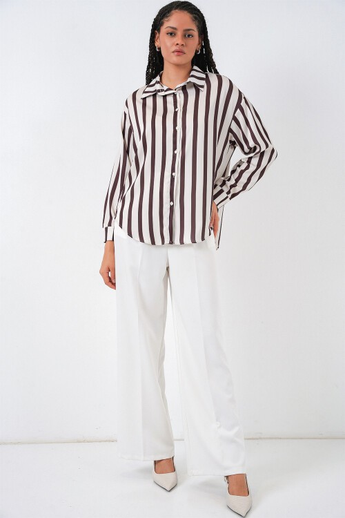 3964 Hafif Dökümlü Saten Gömlek - M. Kahverengi