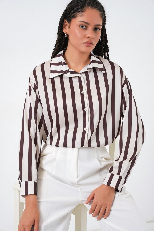 3964 Hafif Dökümlü Saten Gömlek - M. Kahverengi