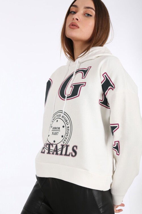 4258 Kapşonlu Önü Baskılı Sweat - Beyaz