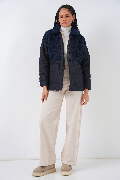 5182 Peluş Detaylı Oversize Şişme Mont - Lacivert