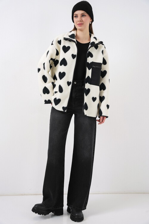 55446 Fermuarlı Oversize Peluş Ceket Mont - A.Beyaz