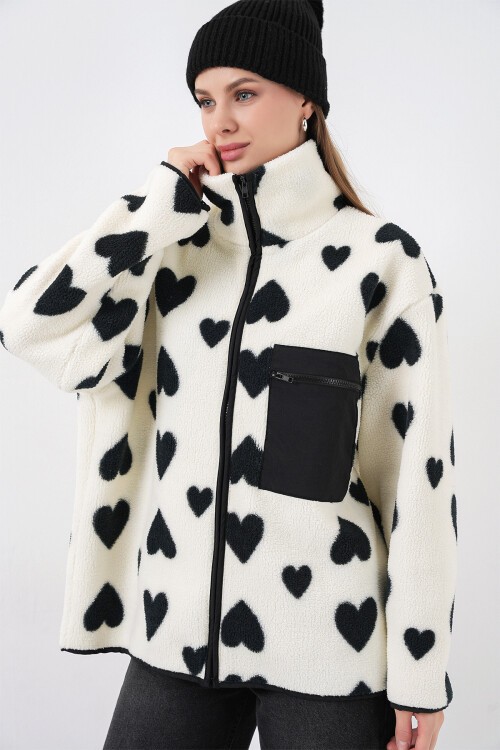 55446 Fermuarlı Oversize Peluş Ceket Mont - A.Beyaz
