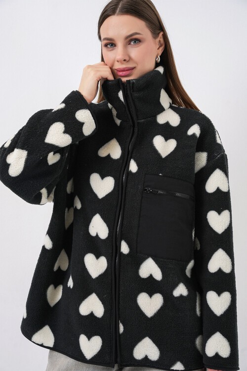 55446 Fermuarlı Oversize Peluş Ceket Mont - K. Siyah