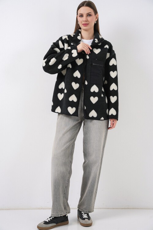 55446 Fermuarlı Oversize Peluş Ceket Mont - K. Siyah