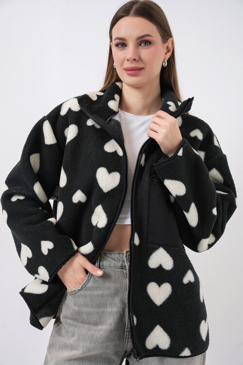 55446 Fermuarlı Oversize Peluş Ceket Mont - K. Siyah